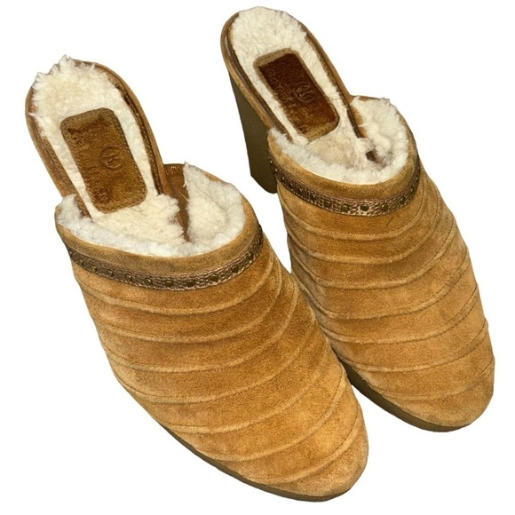 Cole Haan Sherpa Lined Suede Heeled Mules Clogs Women’s 7.5 Cozy Winter Hippie - Picture 9 of 16